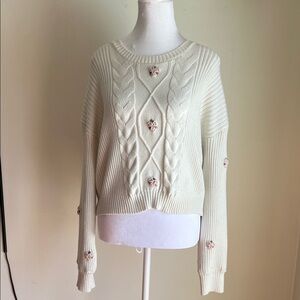 Truly Me Cream Cable-Knit Sweater with Pink Flower Appliqués